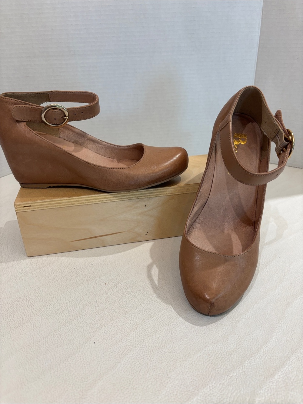Classic Tan Ankle-Strap Wedge Heels